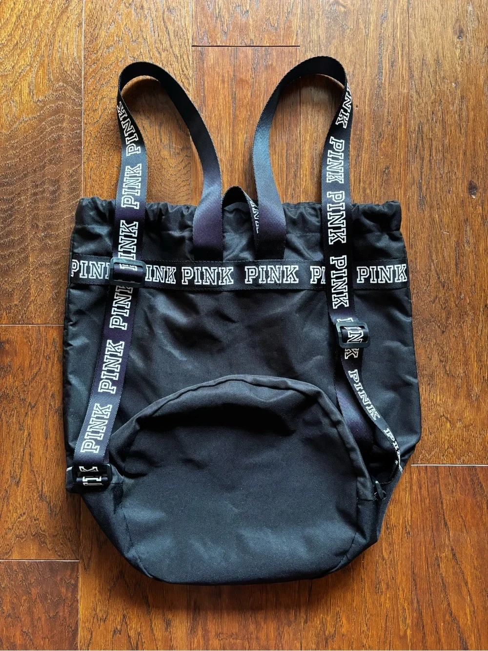 PINK Victoria’s Secret Black Holographic Logo Drawstring Backpack